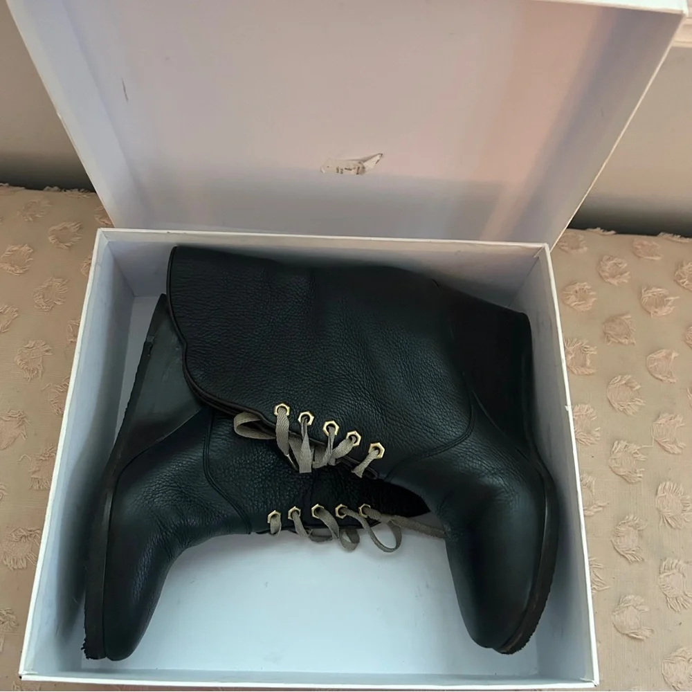 Chloe Wedge Lace Up Leather Heeled Ankle Boot Scallop Detail Black Leather 39 - Picture 10 of 15